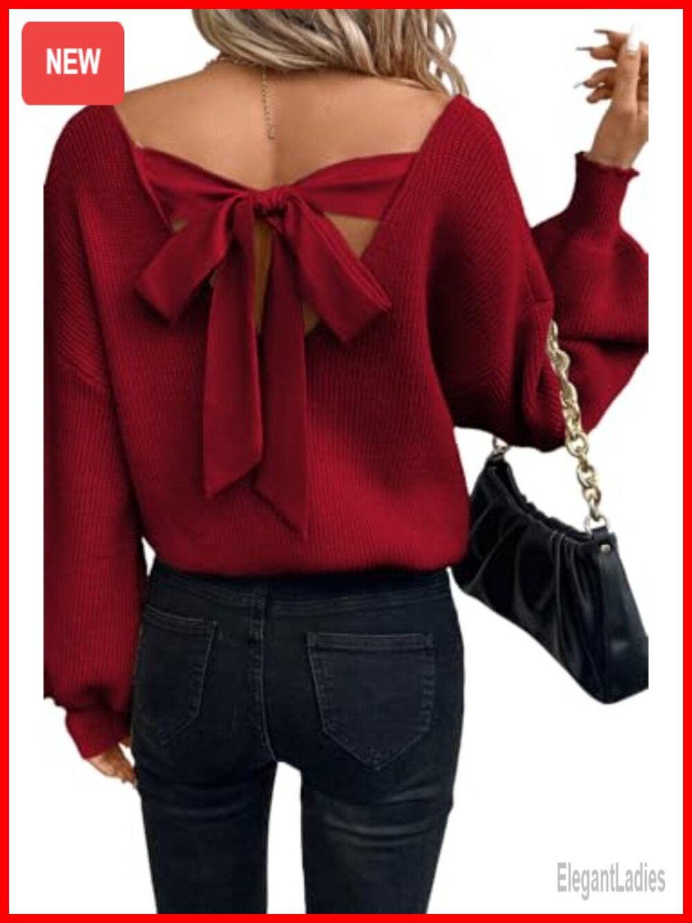 Off Shoulder Bow Back Sweater Deep V Neck Backless Ribbed Knit Pullover